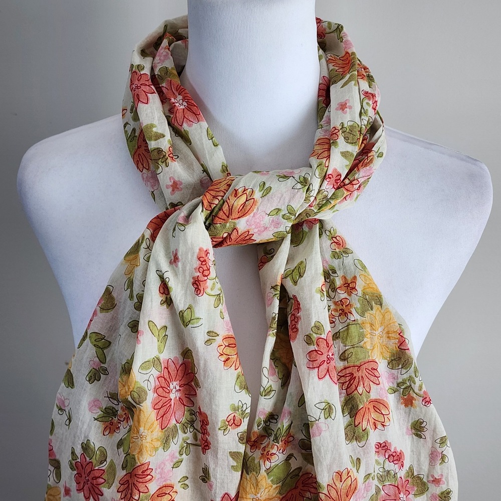 Esprit Floral Scarf Cream Cotton Lightweight Gauze Boho‎ Cottagecore Feminine